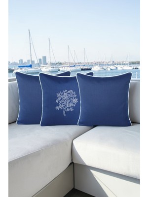 Visionario Kırlent Kılıfı 45X45 3'lü Set Marin Nakışlı Yosun Desen Su Itici Outdoor Keten Tekne Bahçe