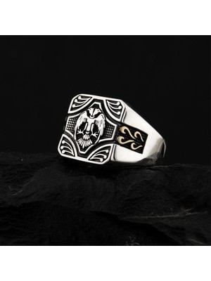 Çift Başlı Selçuklu Kartalı Motifli Özel Tasarım Erkek Gümüş Yüzük