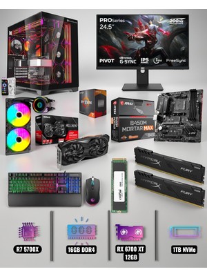 Symoon Ryzen 7 5700X 16GB Ram 1tb Nvme RX6700XT 12GB Ekran Kartlı 24.5 Monitör Klavye Setli Gaming Pc
