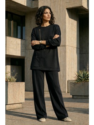 Nuss Fermuar ve Nervür Detay Tunik Pantolon Takım 1077 Siyah