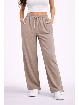 Lobolic Kadın Taş Detaylı Salaş Bol Paça Pantolon Yüksek Bel Rahat Kesim Günlük Pantolon