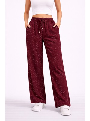 Lobolic Kadın Taş Detaylı Salaş Bol Paça Pantolon Yüksek Bel Rahat Kesim Günlük Pantolon
