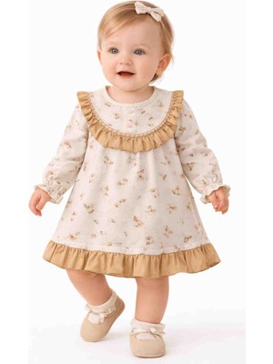 Babyhas Mini Kız Bebek Çiçek Desenli Fırfırlı Elbise – Pamuklu Uzun Kollu Bebek Elbisesi