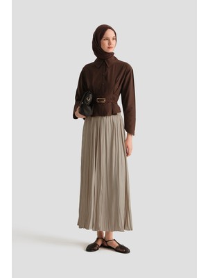 Armine Kırışık Efektli Saten Etek Vizon