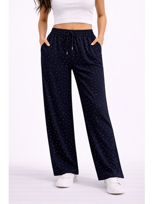 Lobolic Kadın Taş Detaylı Salaş Bol Paça Pantolon Yüksek Bel Rahat Kesim Günlük Pantolon