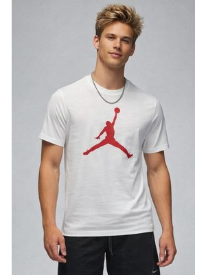 Nike Air Jordan Jumpan Short-Sleeve Crew Grafik Baskılı Erkek Günlük Tişört Beyaz Kırmızı
