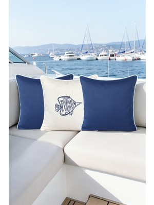 Visionario Kırlent Kılıfı 45X45 3'lü Marin Set Nakışlı Balık Desen + Düz Su Itici Outdoor Keten Tekne Bahçe