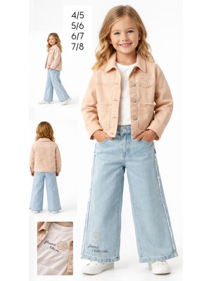 Butik Kız Çocuk Nakışlı Denim Ceket Pantolon Tshirt Takım - Pembe Çocuk Takım 4-8 Yaş