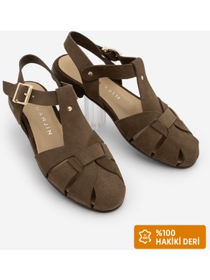 Marjin Kadın Hakiki Deri Bilekten Bantlı Tokalı Önü Kapalı Günlük Sandalet Yenzar Kahve Süet