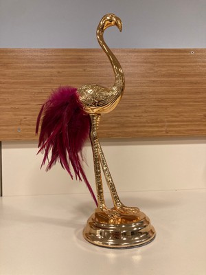 Plus Home Dekoratif Pirinç Altın Fuşya Sülün Tüy Flomingo Yükseklik 32 cm