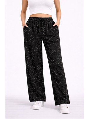 Lobolic Kadın Taş Detaylı Salaş Bol Paça Pantolon Yüksek Bel Rahat Kesim Günlük Pantolon