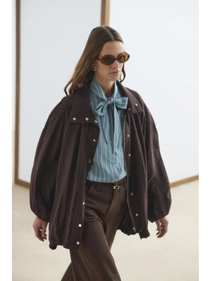 Lale Butik Kadriye Baştürk Dik Yaka Büzgülü Bomber Ceket 710 Kahverengi