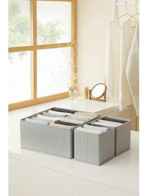 Prendi Home 3’lü Gri Çizgili Çekmece Içi Düzenleyici Organizer Set – Çok Amaçlı Dolap Içi Kutu Seti