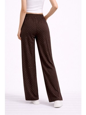 Lobolic Kadın Taş Detaylı Salaş Bol Paça Pantolon Yüksek Bel Rahat Kesim Günlük Pantolon