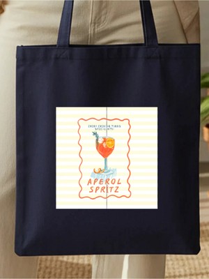 Junobi Aperol Spritz Baskılı Lacivert Gabardin Bez Çanta - 35X40 cm