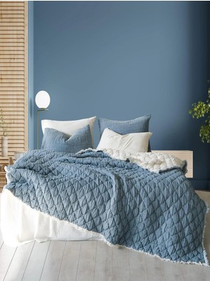 İyi Geceler İstanbul Atlas %100 Pamuklu Çift Kişilik Müslin  Yatak Örtüsü ve Yorgan Seti Indigo