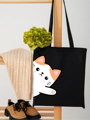 Junobi Kedi Baskılı Siyah Ham Bez ÇANTA-35X40 cm
