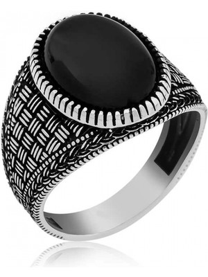 Supertrend Gümüş Oniks Taşlı Örgü Desenli Erkek Yüzük