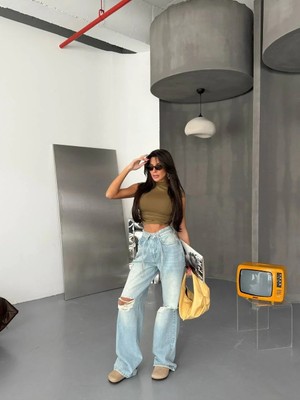 Herton Kadın Yırtık Detaylı Wide Leg Jean - %100 Pamuk Bol Paça Jean Pantolon