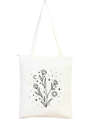Junobi Ay ve Çiçek Baskılı Fermuarlı Bez Çanta - 35X40 cm