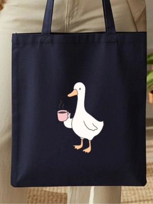 Junobi Ördek Baskılı Lacivert Gabardin Çanta - 35X40 cm