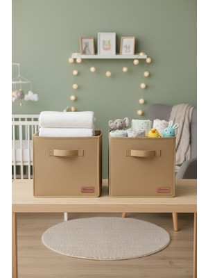 Prendi Home 2`li Bej Saklama Kutusu 28X28X28 Dekoratif Kulplu Organizer Dolap Içi Çamaşır Oyuncak Düzenleyici