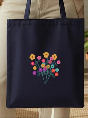 Junobi Çiçek Baskılı Lacivert Gabardin Çanta - 35X40 cm