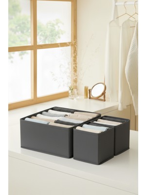 Prendi Home 3’lü Antrasit Çekmece Içi Düzenleyici Organizer Set – Çok Amaçlı Dolap Içi Kutu Seti