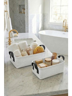 Prendi Home 2 Li Beyazkumaş Banyo Düzenleyici Sepet Dekoratif Çok Amaçlı Organizer Kutu 30X22X10-30X22X10