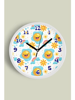 JHAAR Sevimli Güneş ve Gökkuşağı Çocuk Odası Duvar Saati - 25CM - Önü Camlı Beyaz Kasa