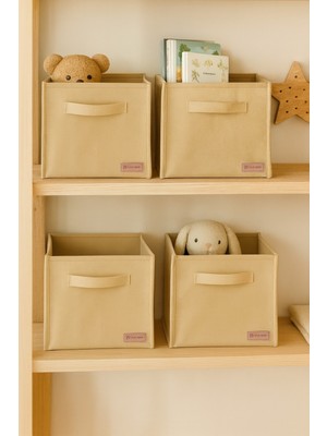 Prendi Home 4`lü Bej Desteksiz Saklama Kutusu 28X28X28 Dekoratif Kulplu Organizer Dolap Içi Çamaşır Oyuncak Düzenleyici