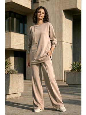 Nuss Fermuar ve Nervür Detay Tunik Pantolon Takım 1077 Taş