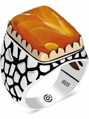 Supertrend ​gümüş Turuncu Sıkma Kehribar Taşlı Kare Erkek Yüzük