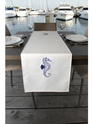 Visionario Marin Masa Örtüsü Nakışlı Deniz Atı Runner 145X40 Su Itici Outdoor Keten Tekne Bahçe Salon Mutfak