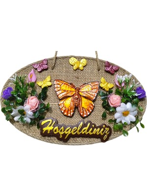 Mixperi Jüt Hasır Zeminli "hoşgeldiniz" Kapı Süsü - Kelebek ve Çiçek Motifli Dekoratif Askı (16X26 Cm)