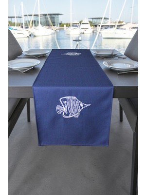 Visionario Marin Masa Örtüsü Nakışlı Balık Runner 145X40 Su Itici Outdoor Keten Tekne Bahçe Salon Mutfak