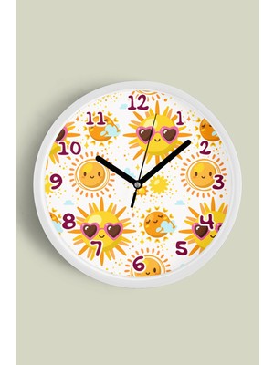 JHAAR Sevimli Güneş Desenli Çocuk Odası Duvar Saati - 25CM - Önü Camlı Beyaz Kasa