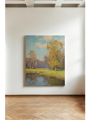 Kanvaspera Tuval Boya Anadolu Peyzajı Nehir Dağ Yayla - Kanvas Tablo - Yağlı Boya Efektli Duvar Dekorasyonu