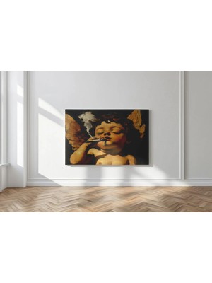 Kanvaspera Sigara Içen Putto - Sigara Içen Melek Çocuk - Kanvas Tablo - Nostaljik Modern Klasik