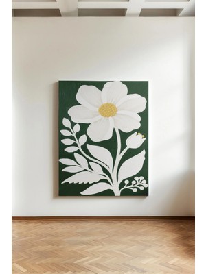 Kanvaspera Sade Beyaz Çiçek Kanvas Tablo - Yeşil Fonlu Çağdaş Duvar Sanatı