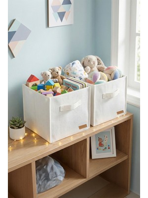 Prendi Home 2`li Beyaz Saklama Kutusu 28X28X28 Dekoratif Kulplu Organizer Dolap Içi Çamaşır Oyuncak Düzenleyici