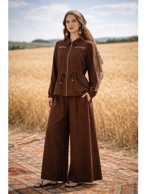 Nuss Zımba Detay Ceket Pantolon Etekli Takım 1049 Kahverengi