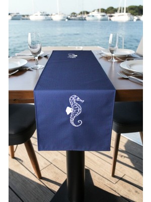 Visionario Marin Masa Örtüsü Nakışlı Deniz Atı Runner 145X40 Su Itici Outdoor Keten Tekne Bahçe Salon Mutfak
