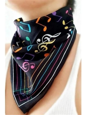 Herşey Nota Müzik Nota Desenli Siyah Fular – Renkli Nota Baskılı Kadın Boyun Fuları