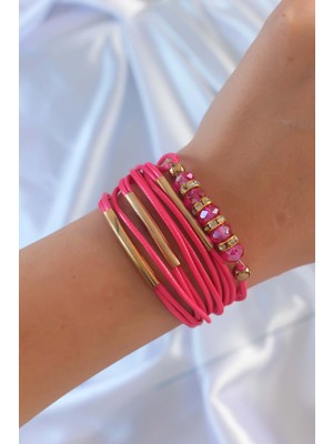 Pembe Renk Zirkon Taşlı Metal Aksesuarlı Ipli Çoklu Bileklik - TJ-BB6357 Midastech