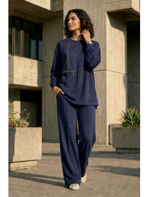 Nuss Fermuar ve Nervür Detay Tunik Pantolon Takım 1077 Lacivert