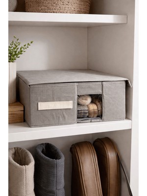 Prendi Home Pencereli Kapaklı Katlanabilir Çok Amaçlı Bez Saklama Kutusu Hurç Organizer Düzenleyici 37X32X15 cm