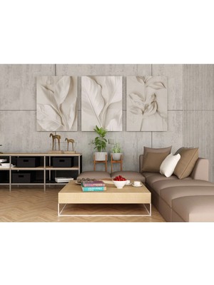 Kanvaspera Beyaz Tonlarda Çağdaş Çiçek Dokunuşu Üçlü Kanvas Tablo