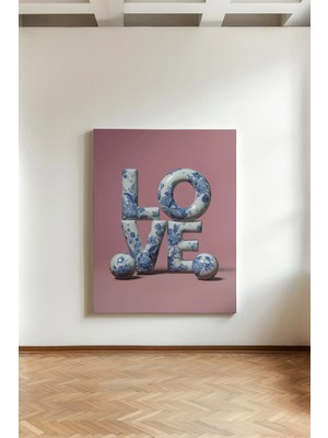 Kanvaspera Sevgi Seramik Harfler - Kanvas Tablo - Pembe Fon, Mavi Çiçek Motifli Çağdaş Tipografi