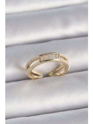 MidasTech Pirinç Gold Renk Ayarlanabilir Sıralı Incili Zirkon Taş Detaylı Kadın Yüzük - TJ-BYK3380 Mi